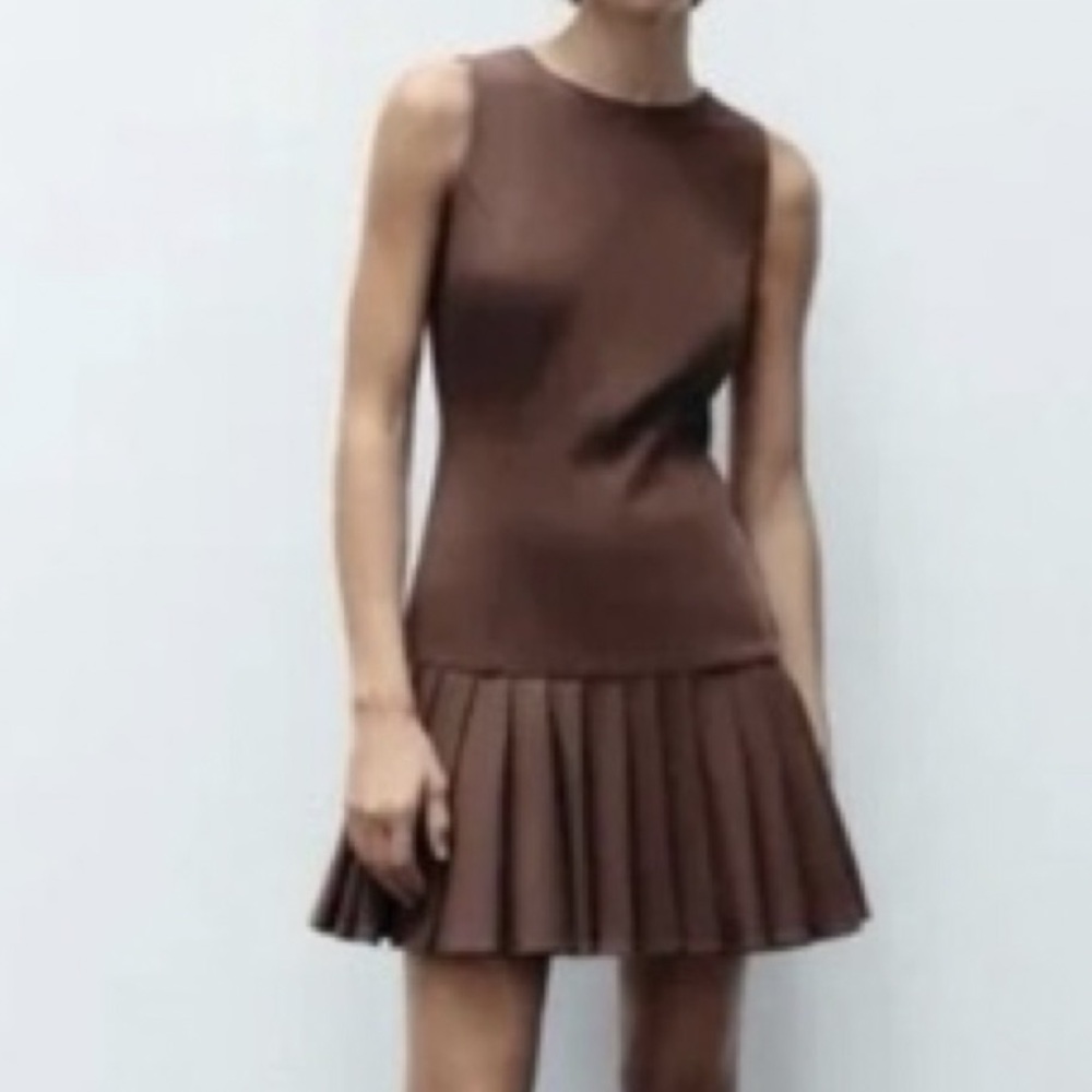 Zara Chocolate Brown Box Pleated Sleeveless Mini Dress - Picture 2 of 12